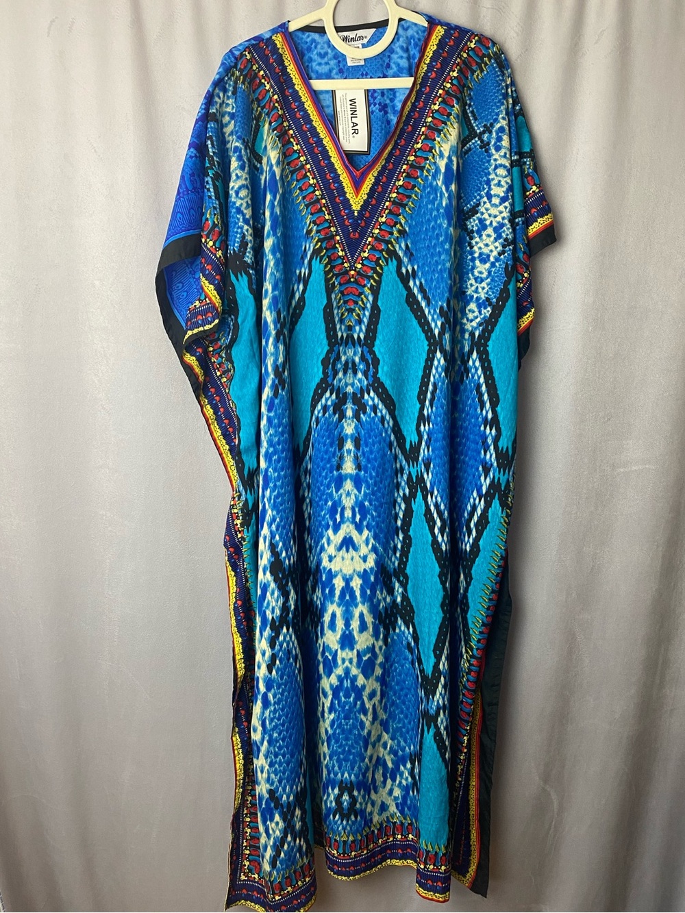Winlar Vivid Blue Colorful Vacation Cruise V-Neck Maxi Kaftan Dress One Size